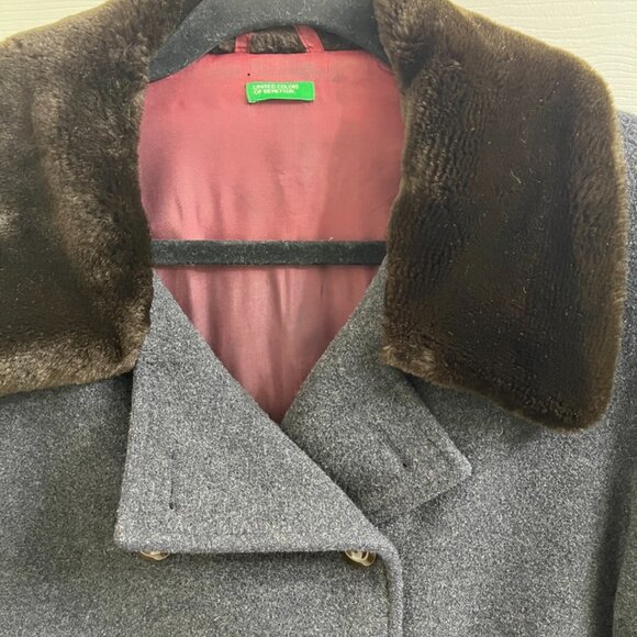 Vintage Benetton Wool Coat w/ Faux Fur Collar — Double Breasted Gray - Picture 4 of 16
